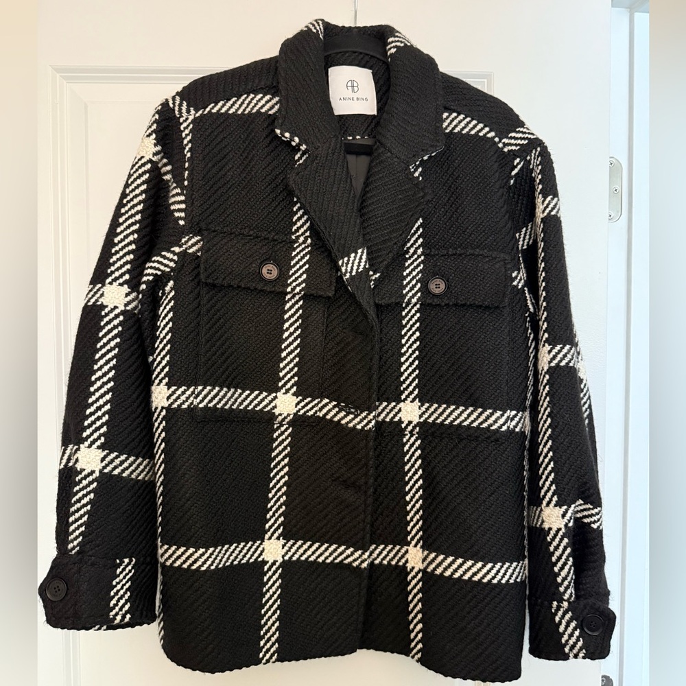 Anine Bing Black & White Oversized Pea Coat with Windowpane Check- Women’s Small